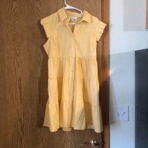 tiered yellow gingham button up dress with frilly sleeves